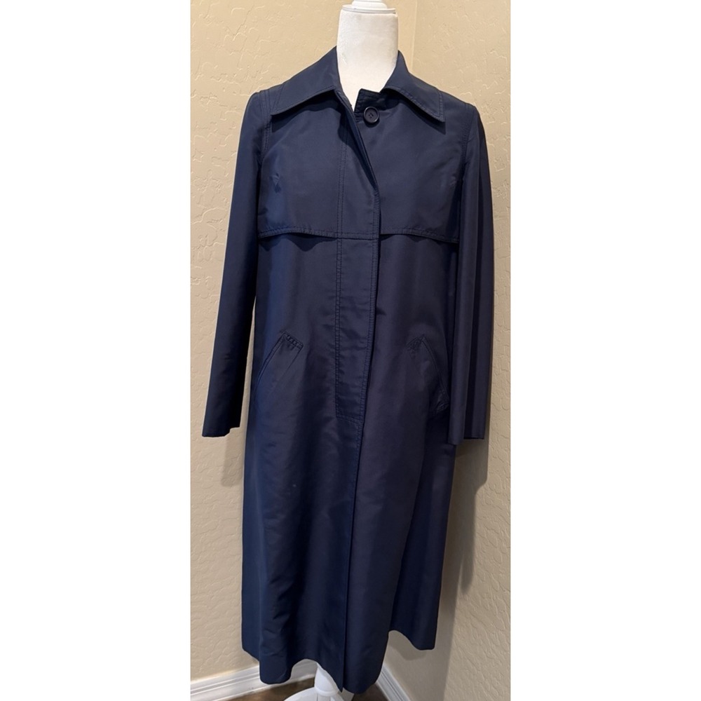 Vintage 80s Hermes Sport Silk Trench Coat Raincoat Navy Blue Women Size 42 US 10